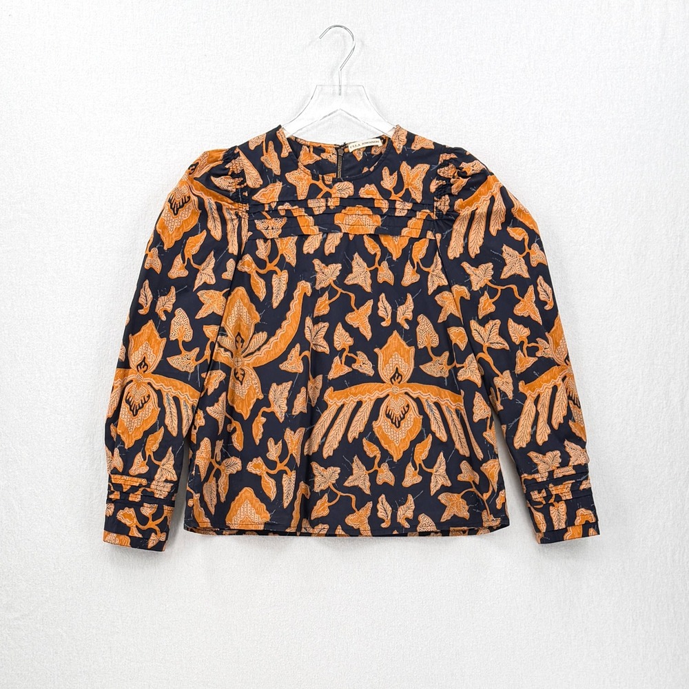 ULLA JOHNSON Gemi Blouse Women 6 Navy Orange Floral Long Sleeve Pleated Cotton - Picture 3 of 13